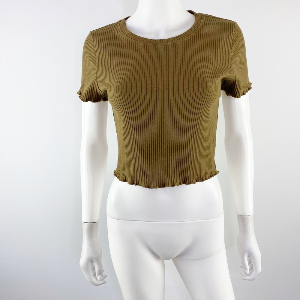 Good American Khaki Green Short Sleeve Cropped Rib Knit T-Shirt Top Size S - Picture 3 of 7